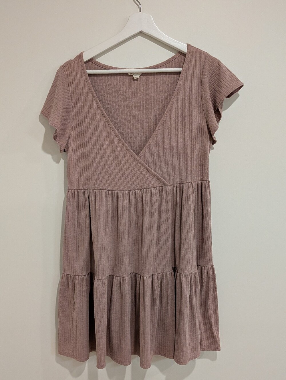 Mauve pink ribbed popover tiered mini dress (Large) Coquette Soft Girl Cottage